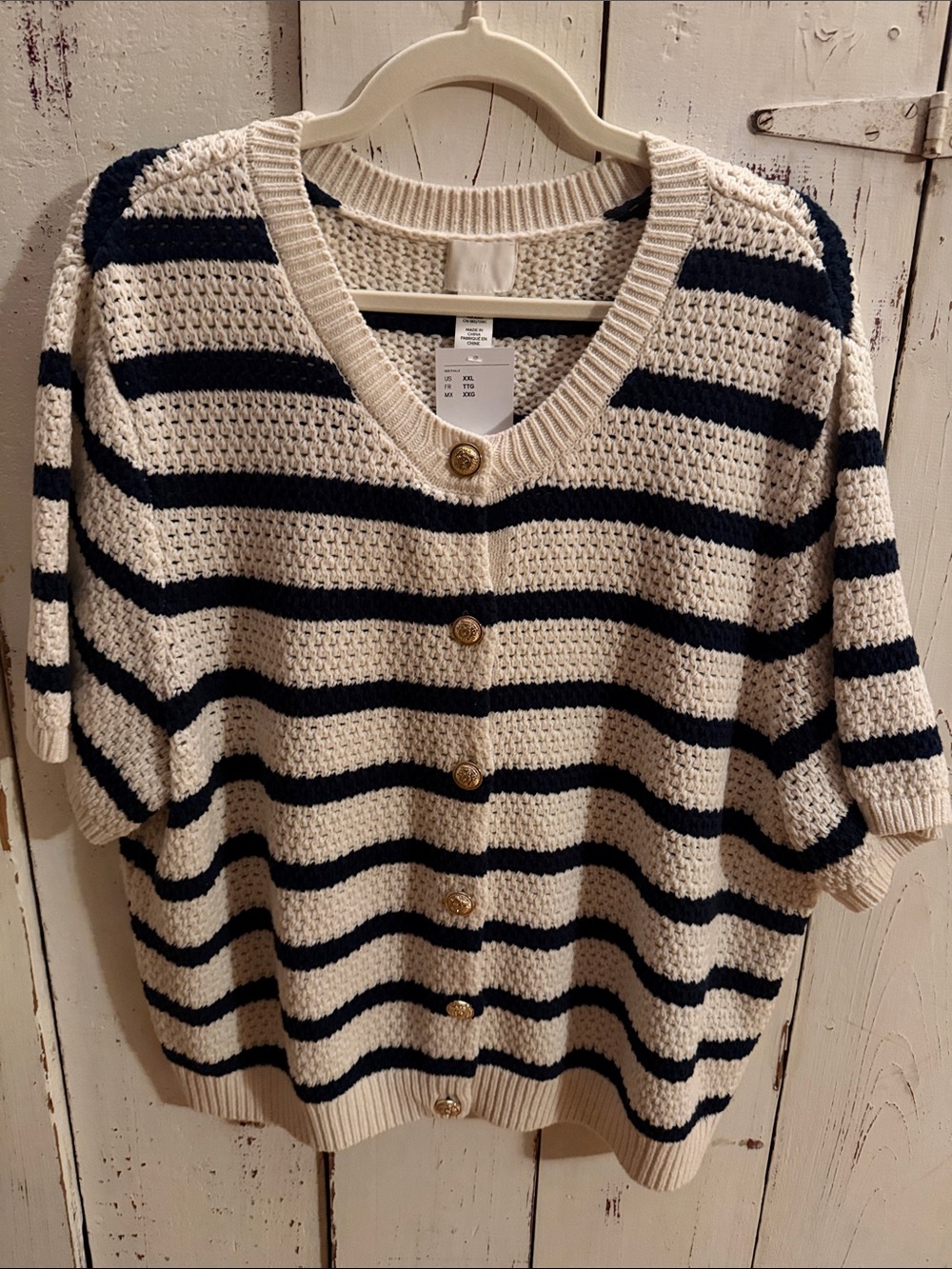 H&M Striped V-Neck Button-Front Sweater - Cream & Navy